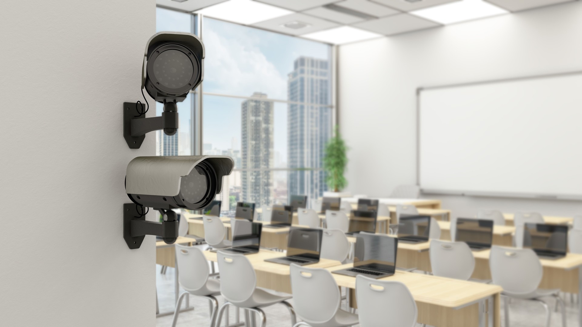 School Security Concept. Video Surveillance Cameras on Modern Classroom's Wall